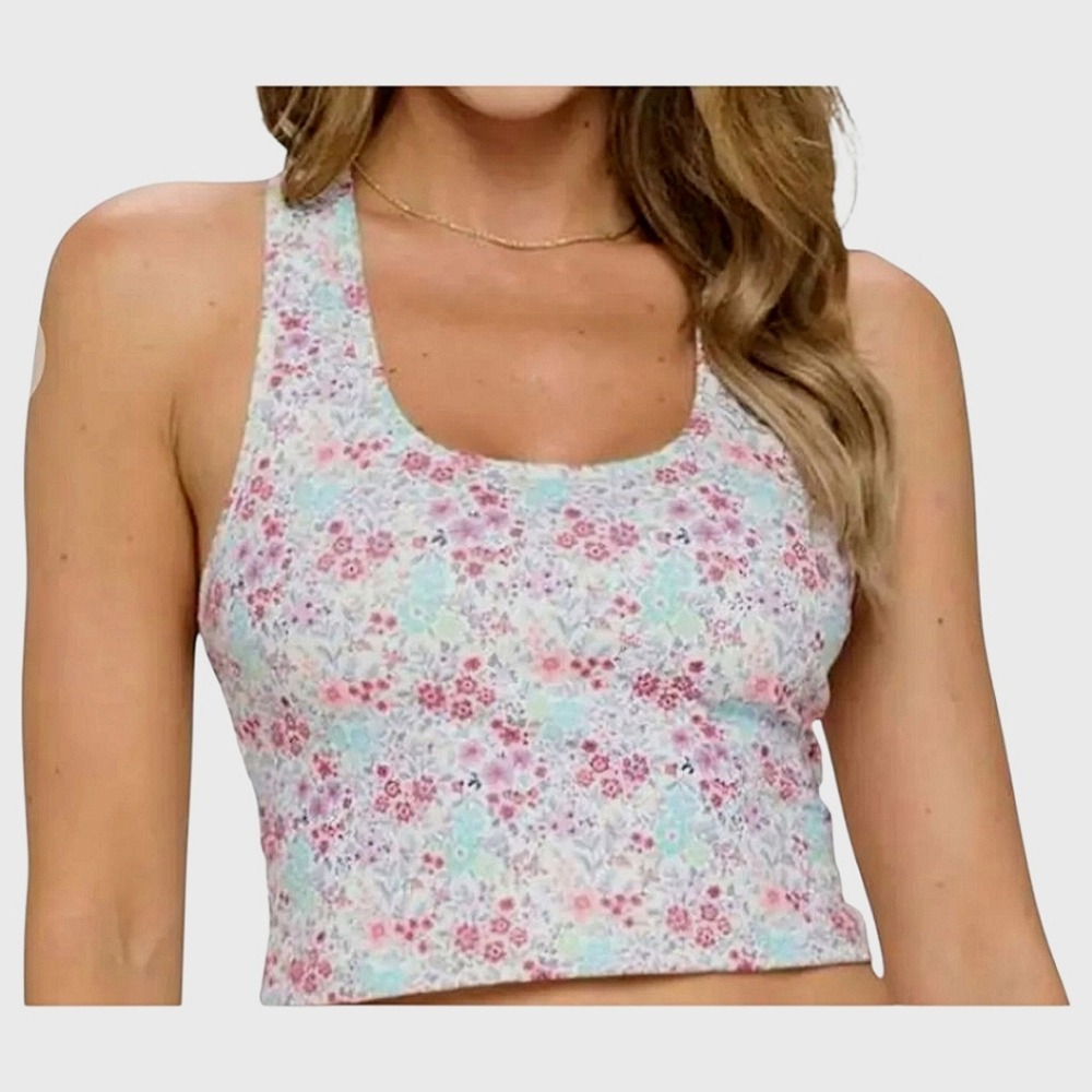 Evolution and Creation Womens Pink Floral Tank Top Size L Racerback Cropped Yoga